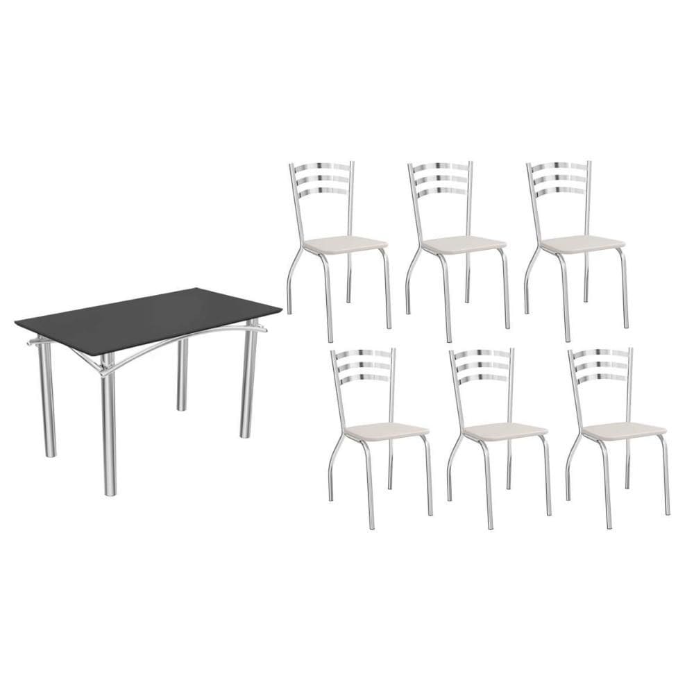 Sala de Jantar Completa Elba Tampo Madeirado c/ Vidro 120cm e 6 Cadeiras Portugal Cromada/Preto - Courano Branco - Kappesberg