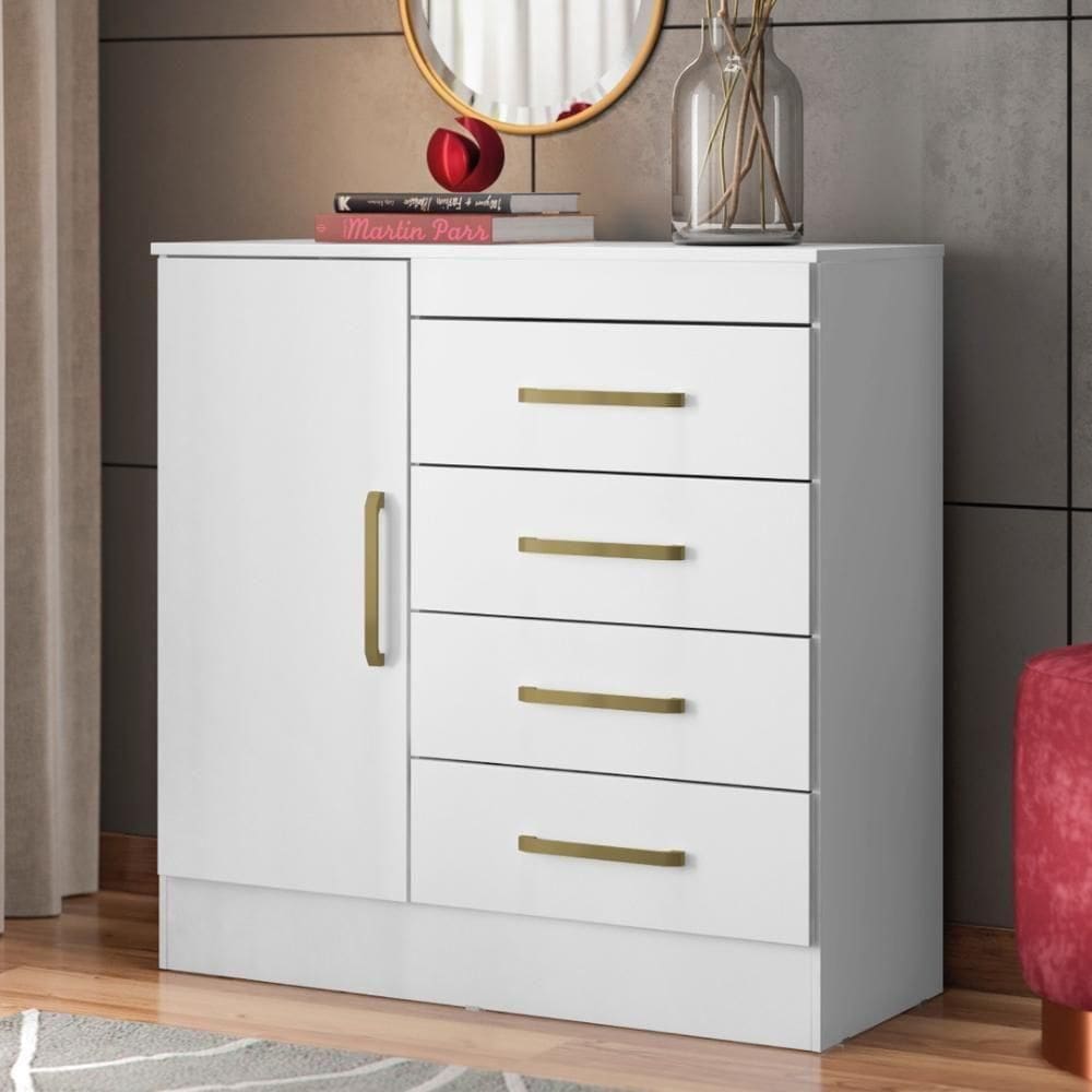 Cômoda 4 Gavetas 1 Porta Com Rodizios Chile - Branco-rosa-branco Branco-rosa-branco