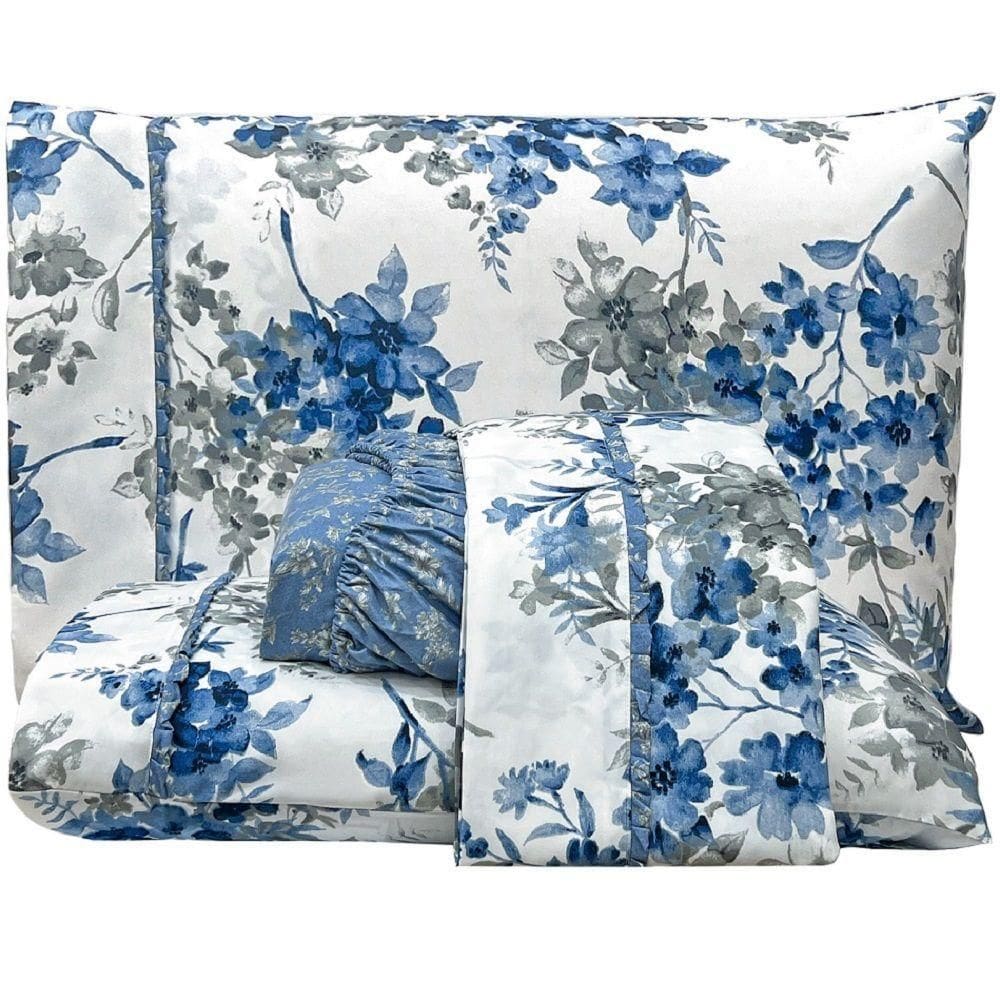 Jogo Lençol Queen Primor 4pç 100% Poliéster Flo-azu