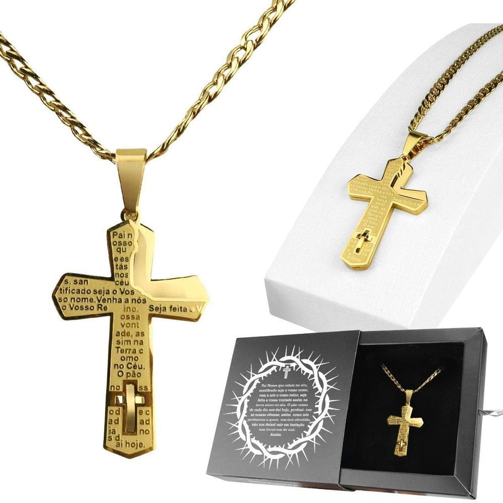 Cordao Masculino Dourado + Pingente Pai Nosso Grumet Cruz