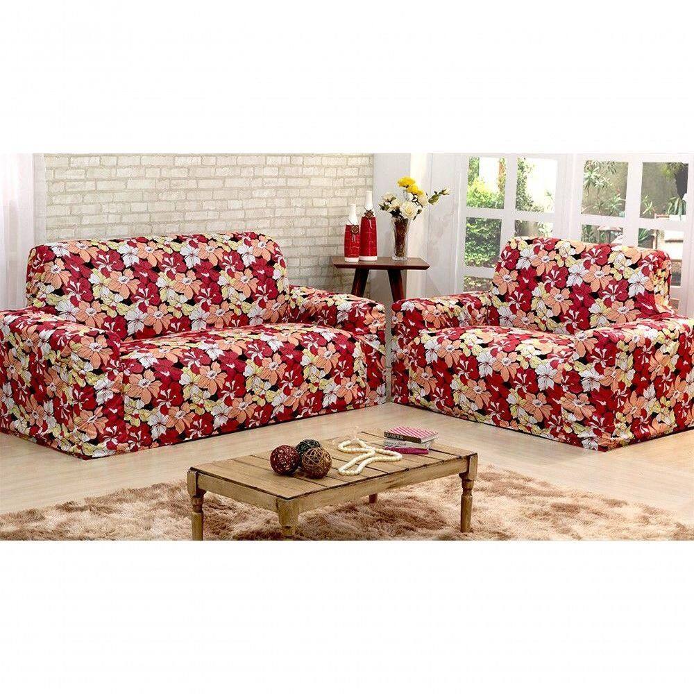 Capa De Sofa Adere Floral Vermelho 02 E 03 Lugares