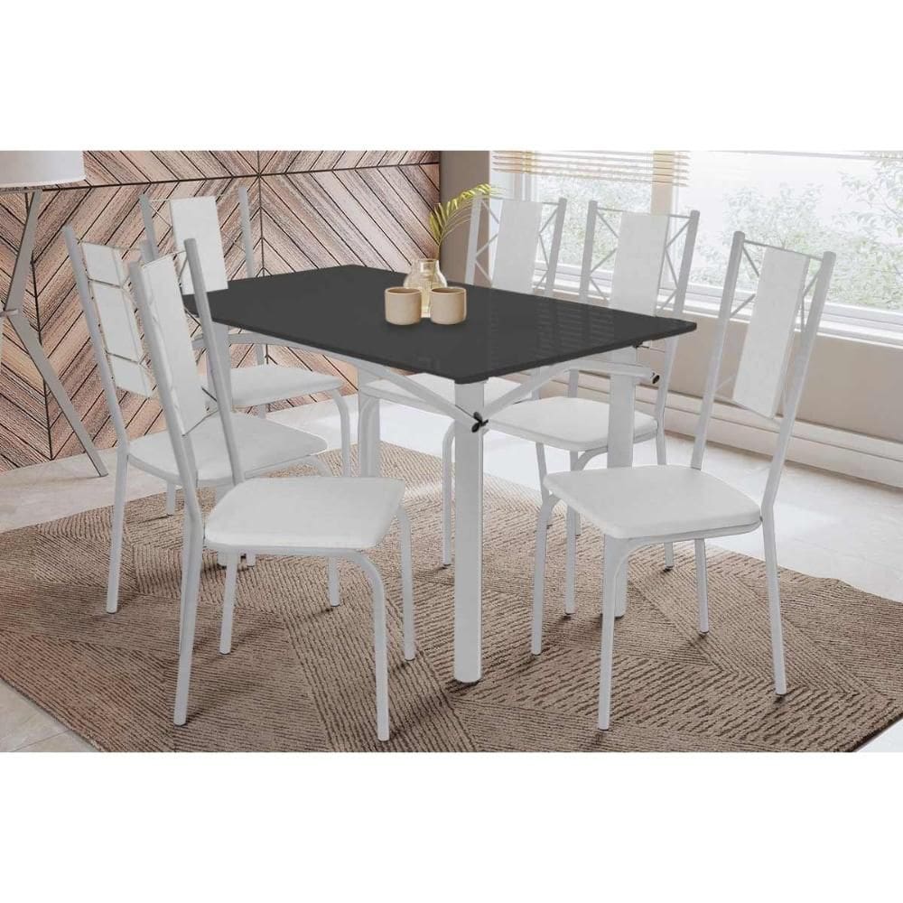 Sala de Jantar Completa Elba Tampo Madeirado c/ Vidro 120cm e 6 Cadeiras Lisboa Cromada/Preto - Courano Branco - Kappesberg
