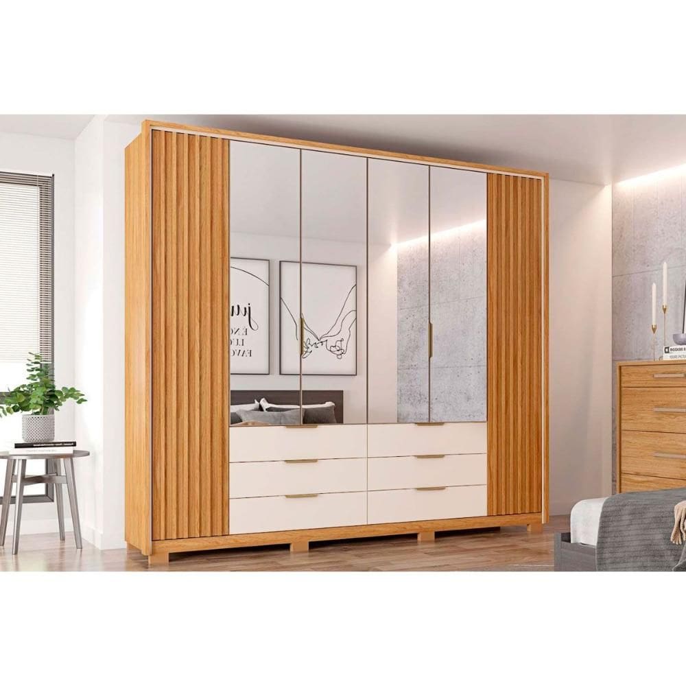 Guarda Roupa Casal 6 Portas (4 c/ Espelho) e 6 Gavetas Maximus Double Lux Freijo/Off White - Caemmun