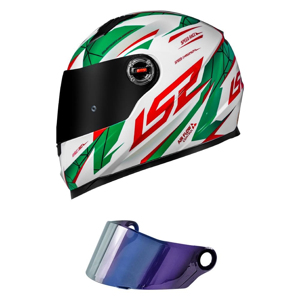 Capacete LS2 FF358 Draze Branco Verde e Vermelho Mais Viseira Camaleão