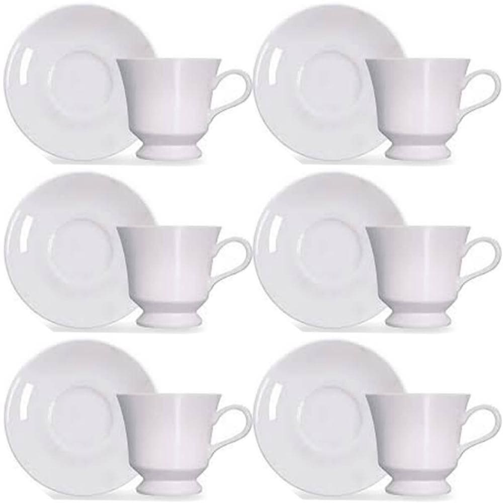 Jogo 6 Xícaras com Pires de Porcelana Branca 80ml para Chá Café Expresso Germer Capri