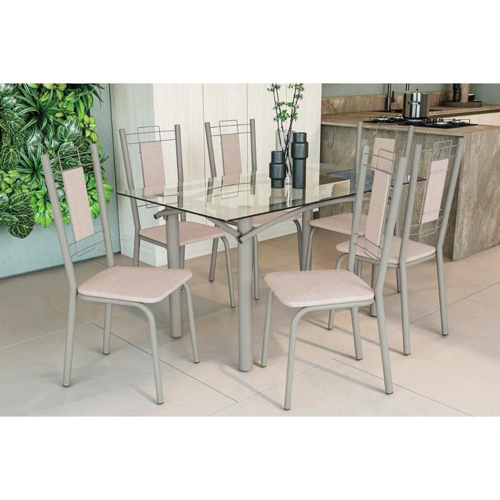 Sala de Jantar Completa Elba c/ Tampo de Vidro 150cm e 6 Cadeiras Florença Niquel - Courano Bege - Kappesberg