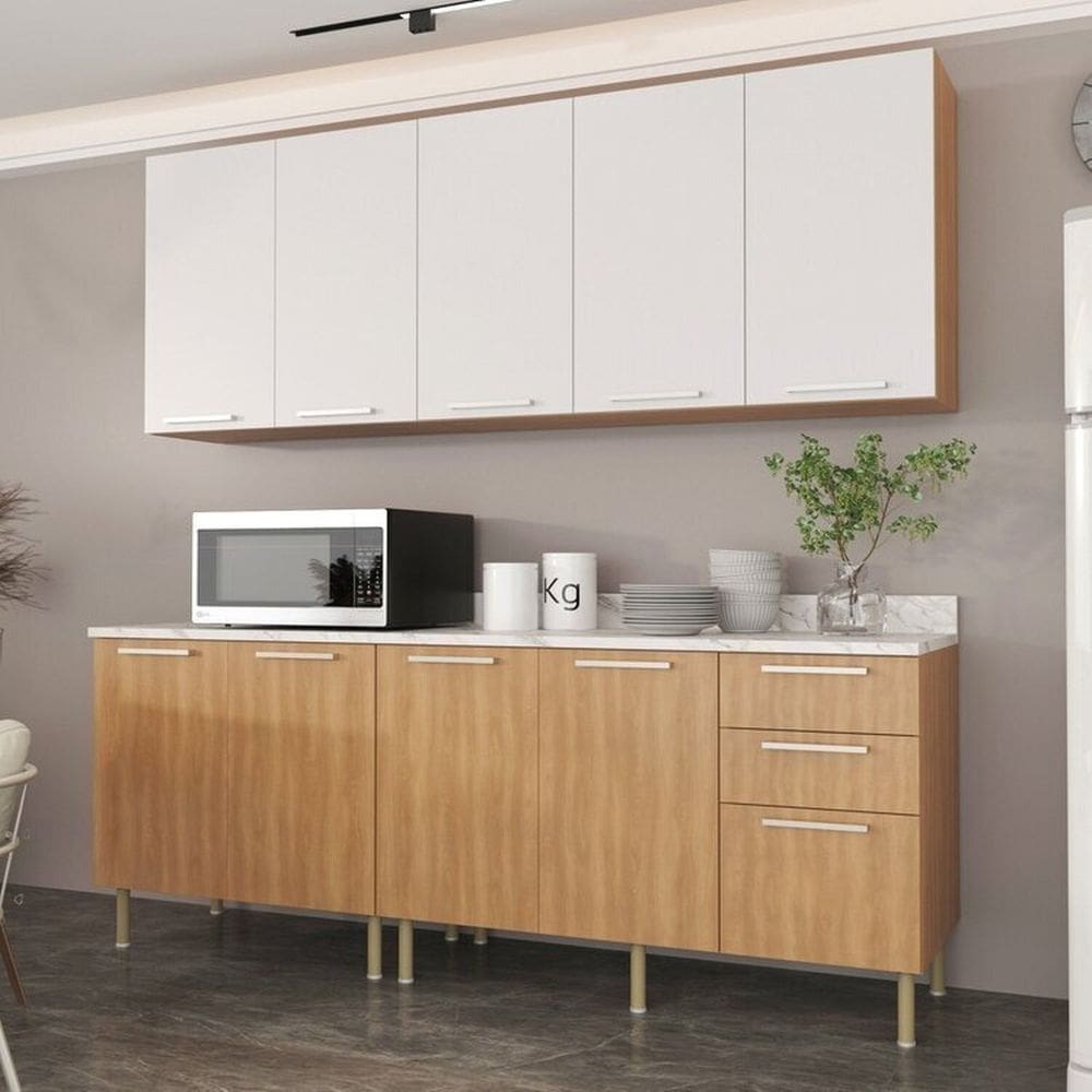 Cozinha Compacta 200cm 5 Peças, 9 Portas e 3 Gavetas Freijó/Branco