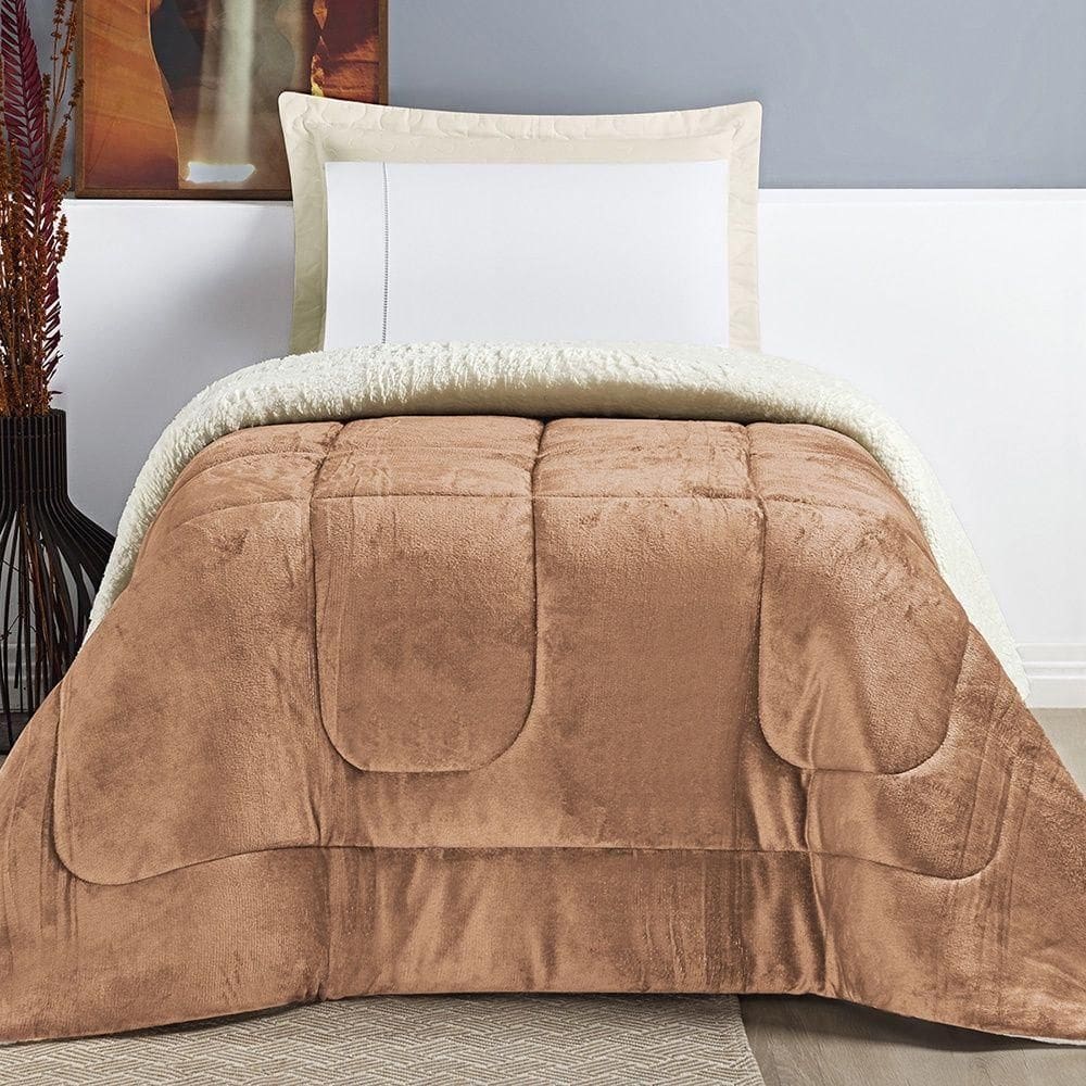 Coberdrom Sherpa E Flannel Everest Solteiro Manta Alta 150g 01 Peça - Apricot