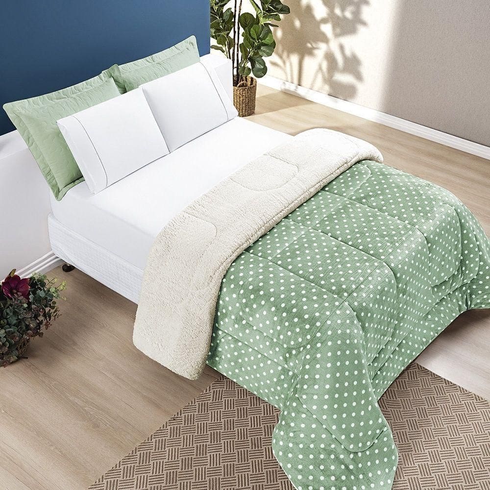 Coberdrom Estampado Sherpa E Flannel Petit Poá King 01 Peça Manta Alta 150g - Salvia