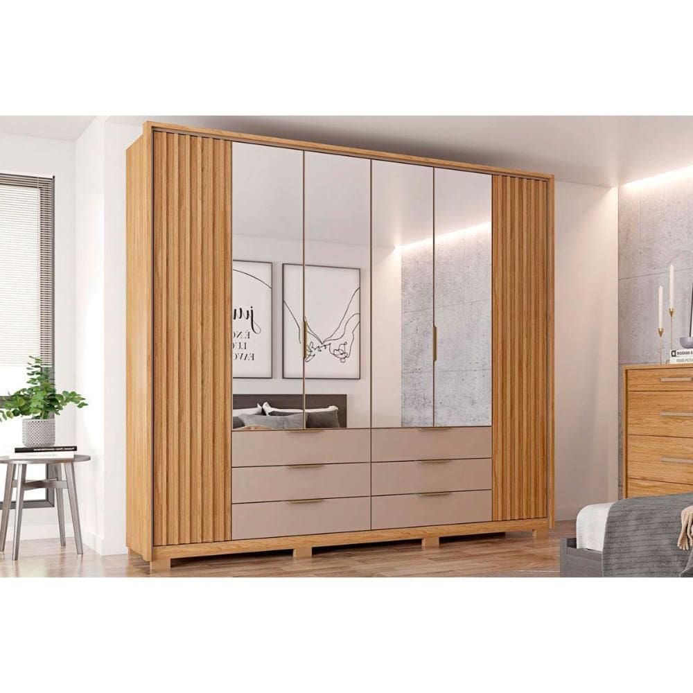 Guarda Roupa Casal 6 Portas (4 c/ Espelho) e 6 Gavetas Maximus Double Lux Buriti/Fendi - Caemmun
