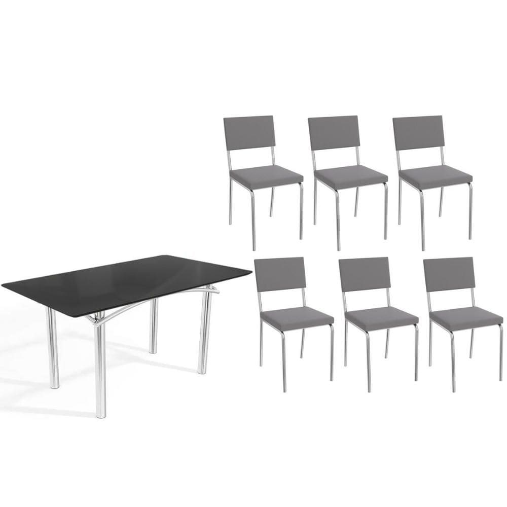 Sala de Jantar Completa Elba Tampo Madeirado c/ Vidro 160cm e 6 Cadeiras Zaria Cromada/Preto - Suede Cinza - Kappesberg