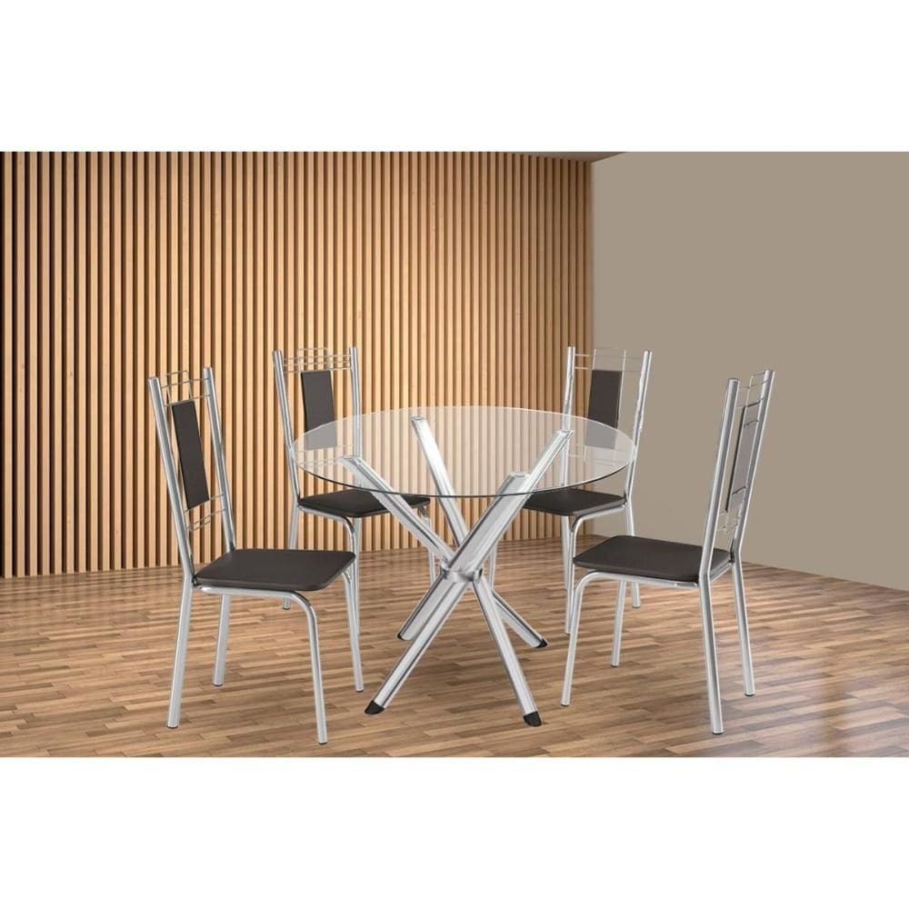 Sala de Jantar Completa Volga c/ Tampo de Vidro 95cm e 4 Cadeiras Florença Cromada - Courano Preto - Kappesberg