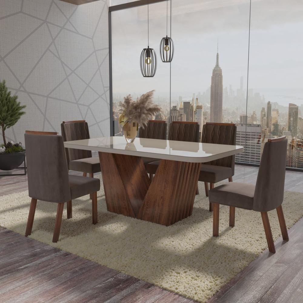 Sala de Jantar 180X90 Fenix Amêndoa Bom Pastor 6 Cadeiras