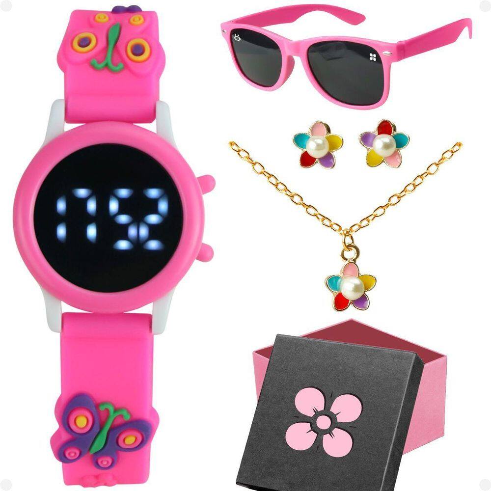 Relogio Digital Infantil + Oculos Sol + Caixa Rosa Menina
