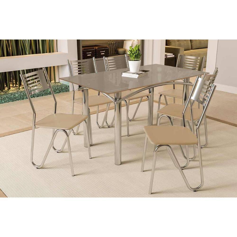 Conjunto: Mesa Sala Jantar Elba Tampo Madeirado c/ Vidro 160cm e 6 Cadeiras Nápoles Cromada/Freijo Bronze - Courano Bege - Kappesberg
