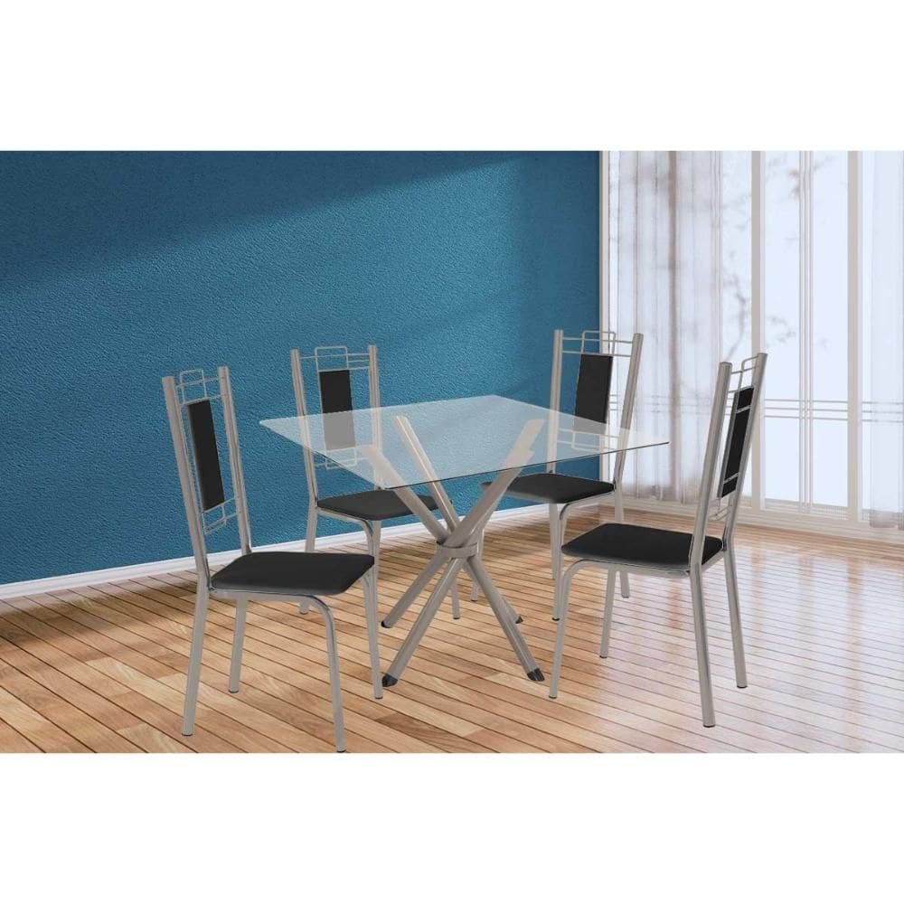 Conjunto: Mesa Sala Jantar Volga c/ Tampo de Vidro 90cm e 4 Cadeiras Florença Niquel - Courano Preto - Kappesberg