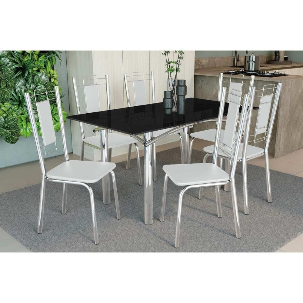 Conjunto: Mesa de Cozinha Elba Tampo Madeirado c/ Vidro 160cm e 6 Cadeiras Florença Cromada/Preto - Courano Branco - Kappesberg