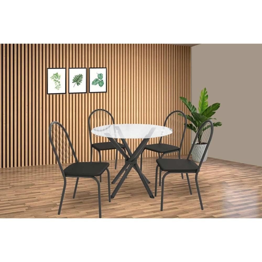 Conjunto: Mesa de Cozinha Volga c/ Tampo de Vidro 95cm e 4 Cadeiras Noruega Preto - Preto - Kappesberg