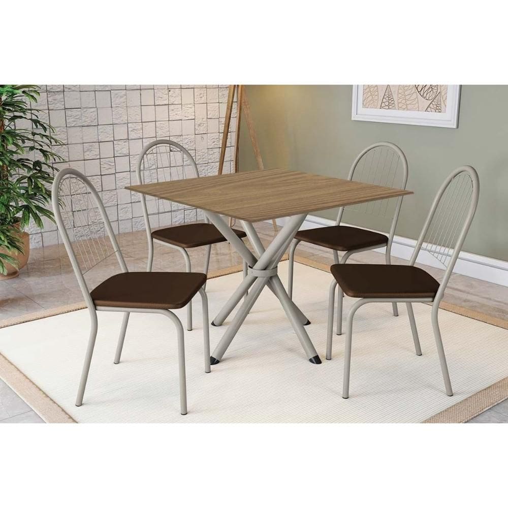 Conjunto: Mesa de Cozinha Volga c/ Tampo de Madeira 90cm e 4 Cadeiras Noruega Niquel/Nogueira - Marrom - Kappesberg