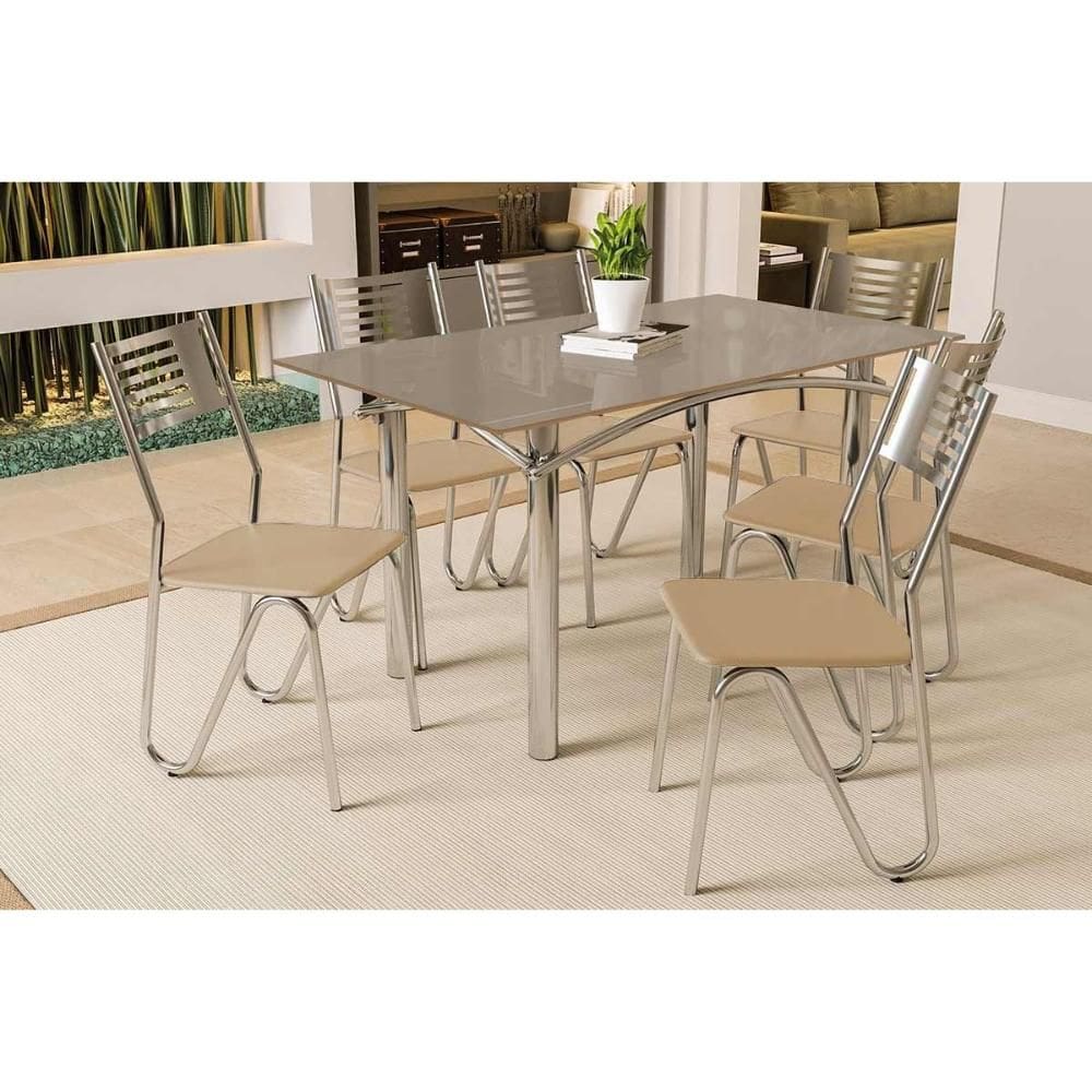 Conjunto: Mesa de Cozinha Elba Tampo Madeirado c/ Vidro 160cm e 6 Cadeiras Nápoles Cromada/Freijo Bronze - Courano Bege - Kappesberg