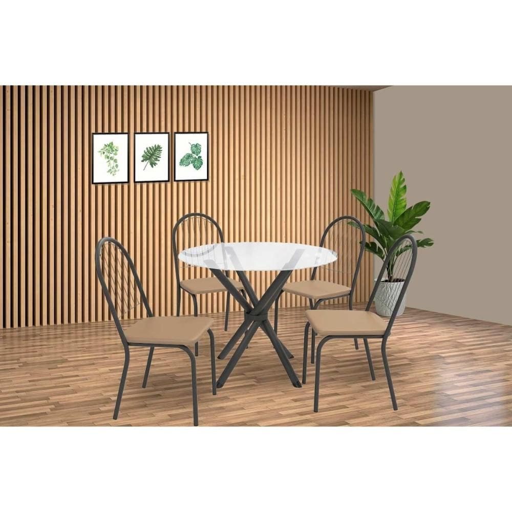 Conjunto: Mesa Sala Jantar Volga c/ Tampo de Vidro 95cm e 4 Cadeiras Noruega Preto - Capuccino - Kappesberg