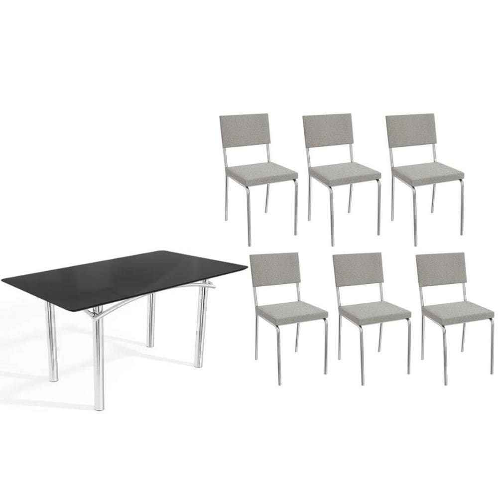 Conjunto: Mesa Sala Jantar Elba Tampo Madeirado c/ Vidro 160cm e 6 Cadeiras Zaria Cromada/Preto - Boucle Cinza - Kappesberg