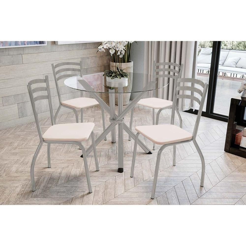 Conjunto: Mesa de Cozinha Volga c/ Tampo de Vidro 95cm e 4 Cadeiras Portugal Niquel - Courano Bege - Kappesberg