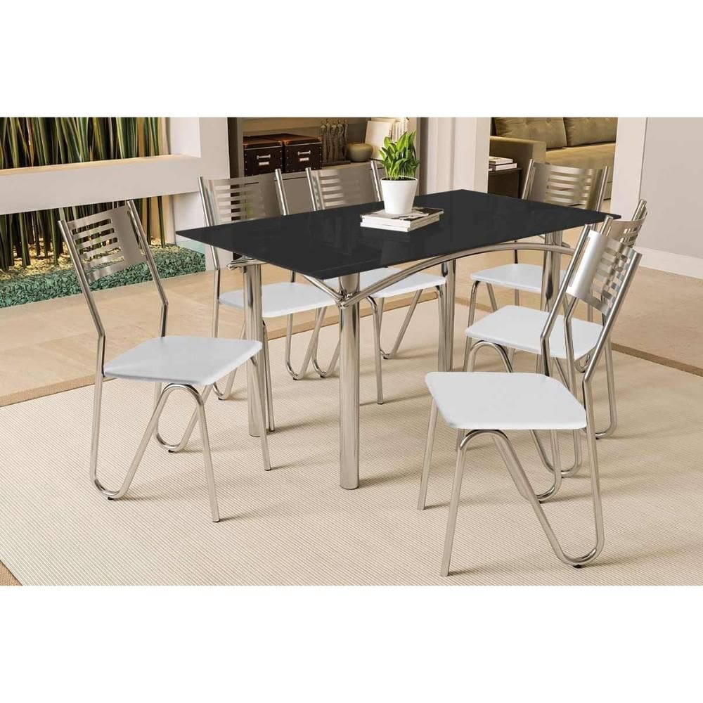Conjunto: Mesa Sala Jantar Elba Tampo Madeirado c/ Vidro 160cm e 6 Cadeiras Nápoles Cromada/Preto - Courano Branco - Kappesberg