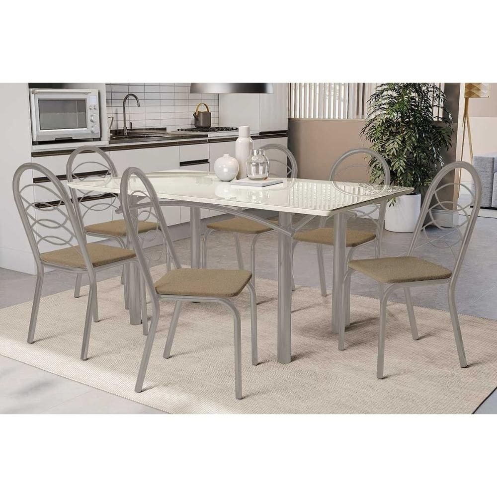 Conjunto: Mesa de Cozinha Elba Tampo Madeirado c/ Vidro 160cm e 6 Cadeiras Holanda Niquel/Off White - Courano Capuccino - Kappesberg