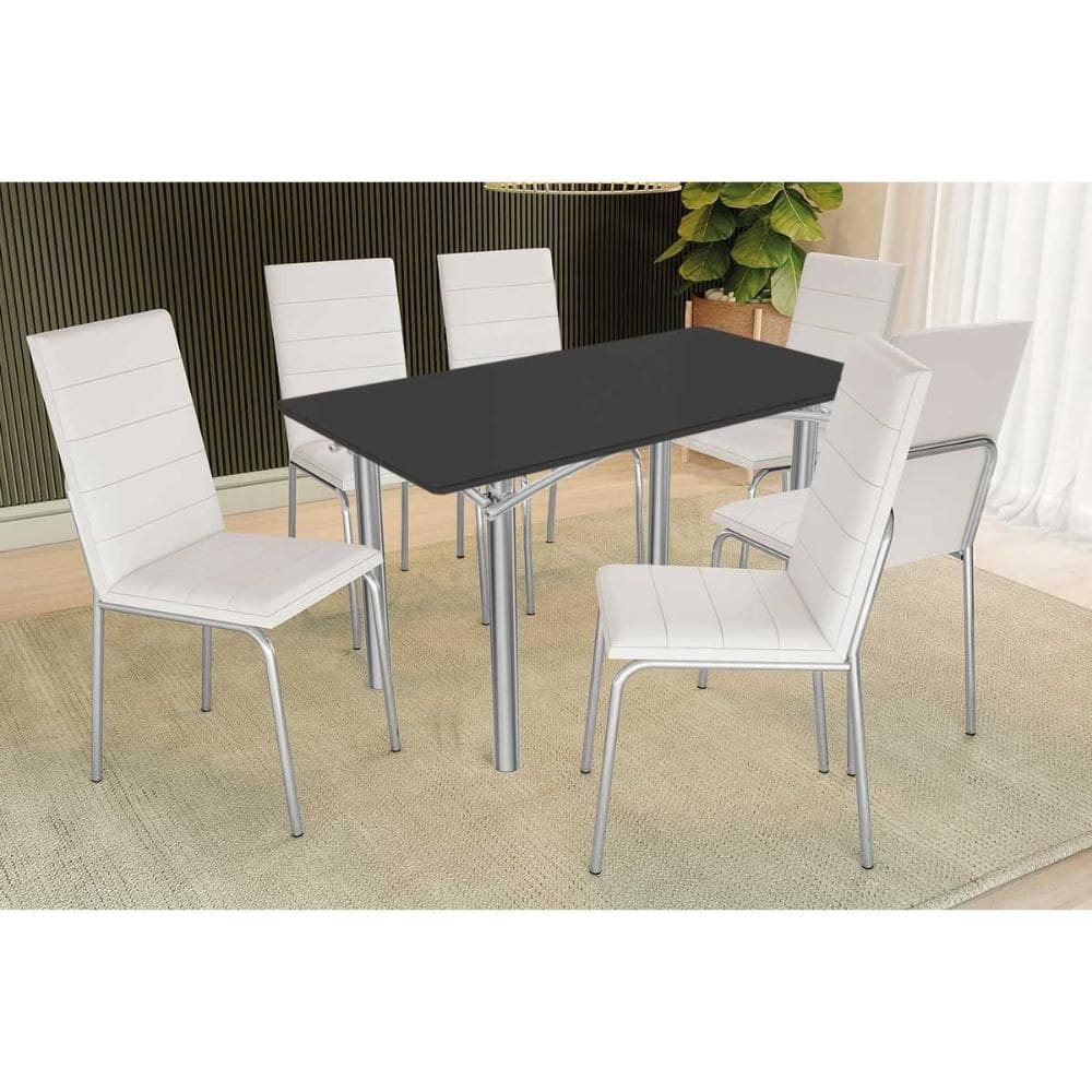 Conjunto: Mesa Sala Jantar Elba Tampo Madeirado c/ Vidro 160cm e 6 Cadeiras Amsterdã Cromada/Preto - Courano Branco - Kappesberg