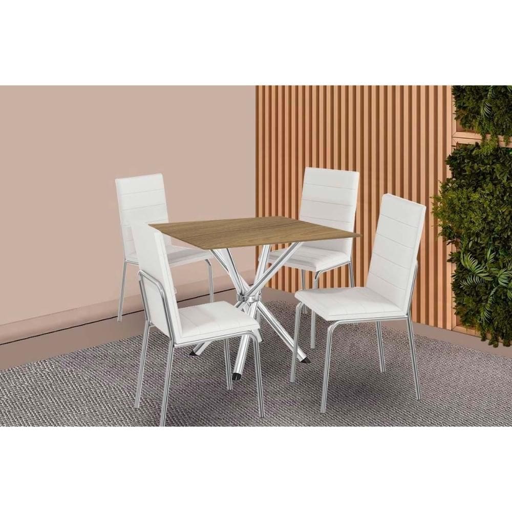 Conjunto: Mesa de Cozinha Volga c/ Tampo de Madeira 90cm e 4 Cadeiras Amsterdã Cromado/Nogueira - Branco - Kappesberg