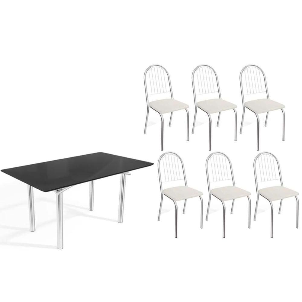 Conjunto: Mesa Sala Jantar Elba Tampo Madeirado c/ Vidro 160cm e 6 Cadeiras Noruega Cromada/Preto - Courano Branco - Kappesberg