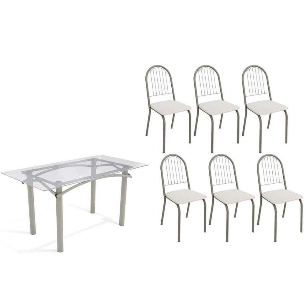 Conjunto: Mesa de Cozinha Elba c/ Tampo de Vidro 150cm e 6 Cadeiras Noruega Niquel - Courano Branco - Kappesberg