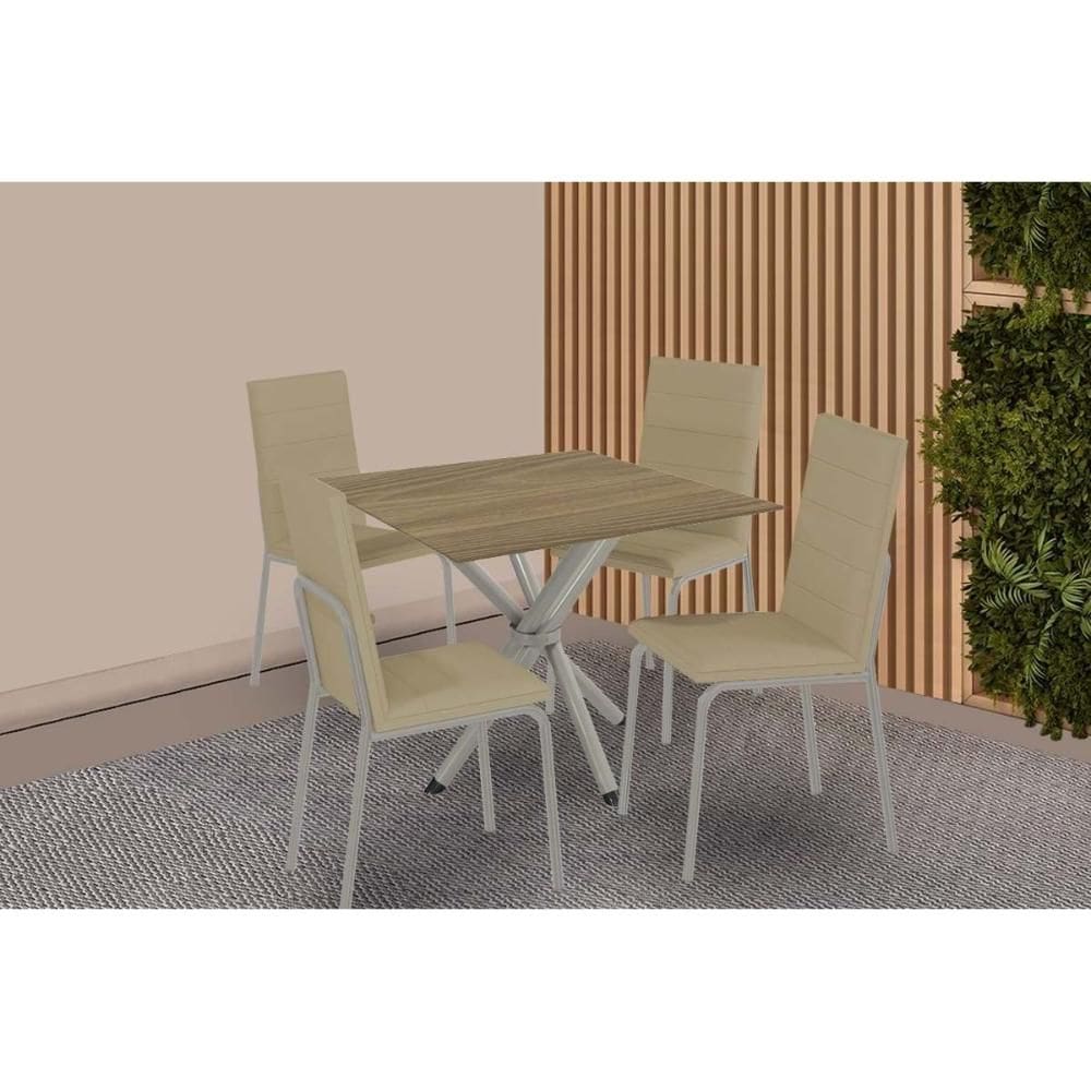 Conjunto: Mesa de Cozinha Volga c/ Tampo de Madeira 90cm e 4 Cadeiras Amsterdã Niquel - Courano Capuccino - Kappesberg