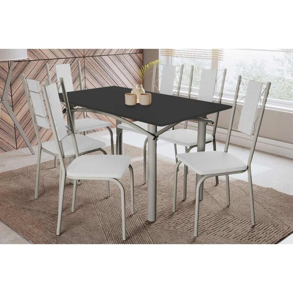 Conjunto: Mesa de Cozinha Elba Tampo Madeirado c/ Vidro 160cm e 6 Cadeiras Lisboa Niquel/Preto - Courano Branco - Kappesberg