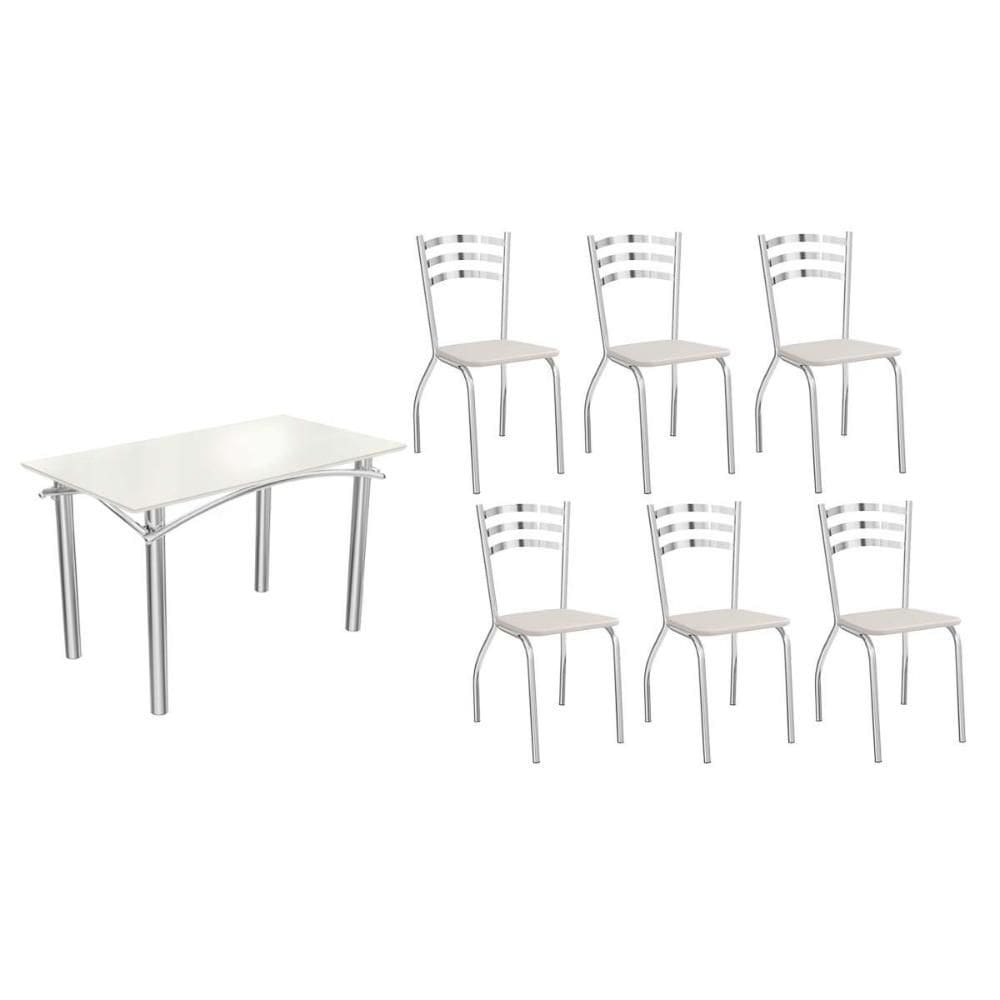 Conjunto: Mesa Sala Jantar Elba Tampo Madeirado c/ Vidro 120cm e 6 Cadeiras Portugal Cromada/Off White - Courano Branco - Kappesberg