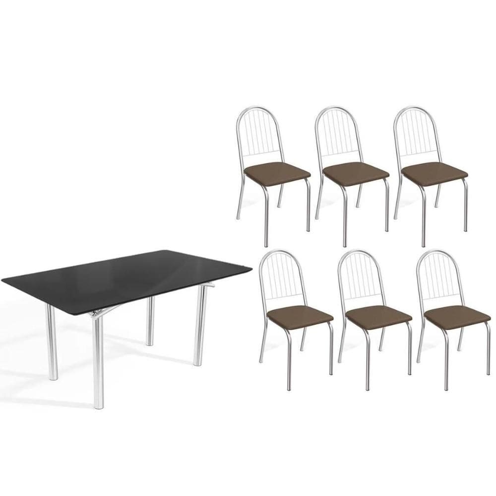 Conjunto: Mesa Sala Jantar Elba Tampo Madeirado c/ Vidro 160cm e 6 Cadeiras Noruega Cromada/Preto - Courano Marrom - Kappesberg