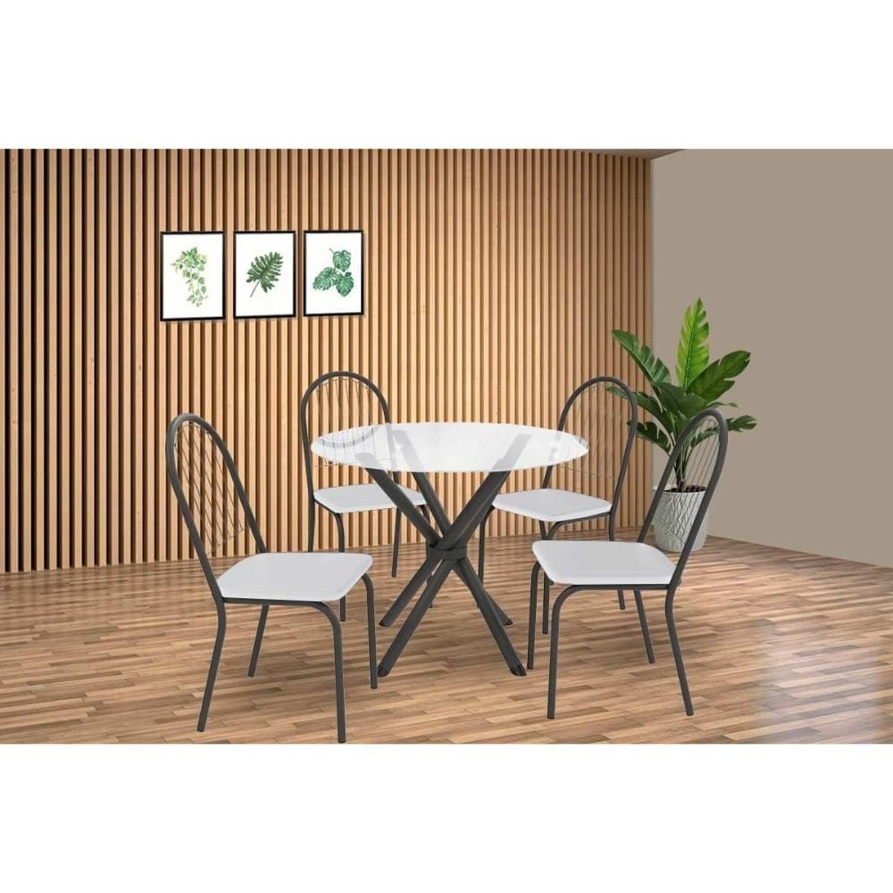 Conjunto: Mesa Sala Jantar Volga c/ Tampo de Vidro 95cm e 4 Cadeiras Noruega Preto - Branco - Kappesberg
