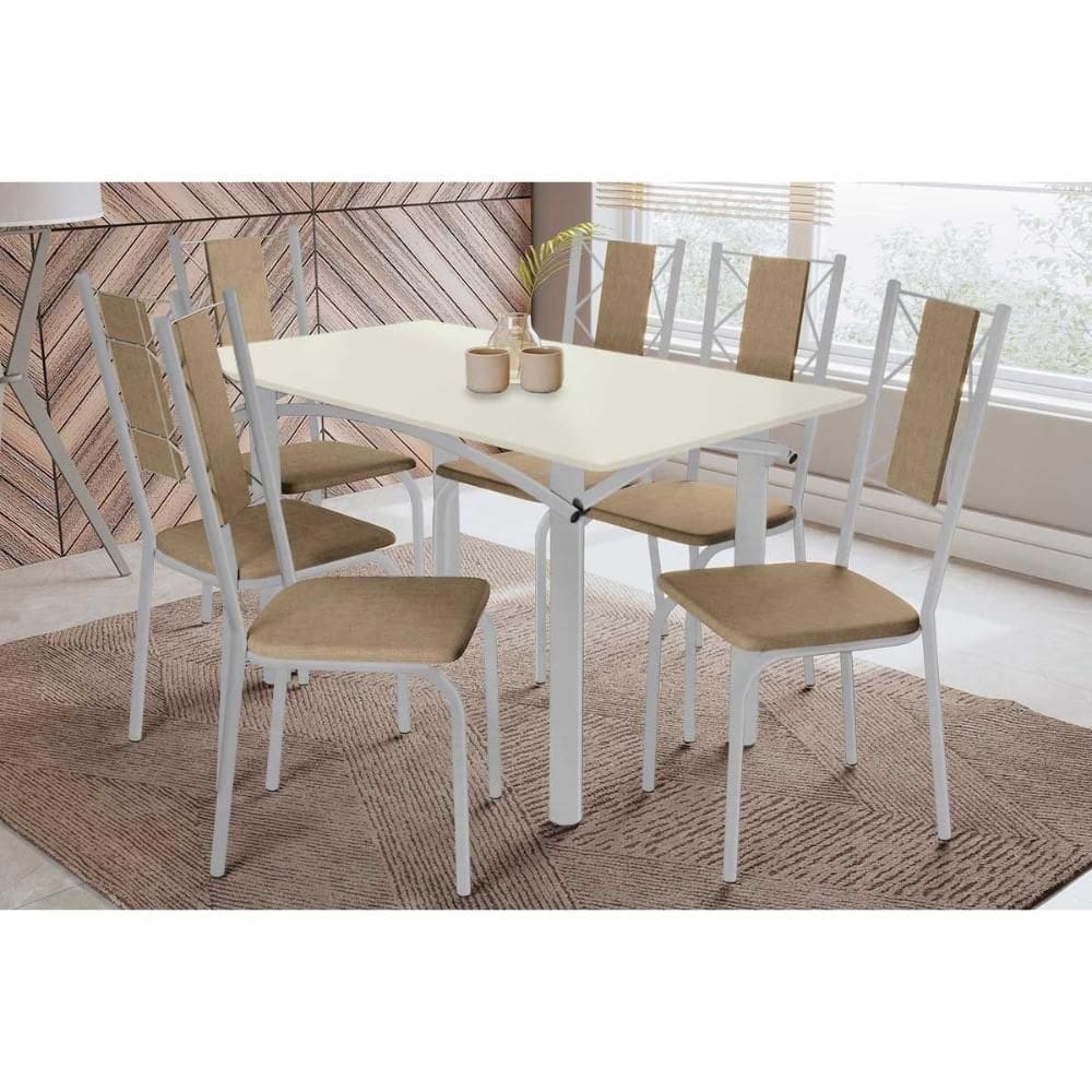 Conjunto: Mesa Sala Jantar Elba Tampo Madeirado c/ Vidro 160cm e 6 Cadeiras Lisboa Cromada/Off White - Courano Capuccino - Kappesberg