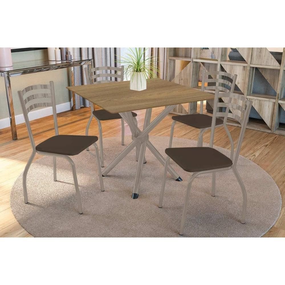 Conjunto: Mesa de Cozinha Volga c/ Tampo de Madeira 90cm e 4 Cadeiras Portugal Niquel/Nogueira - Marrom - Kappesberg