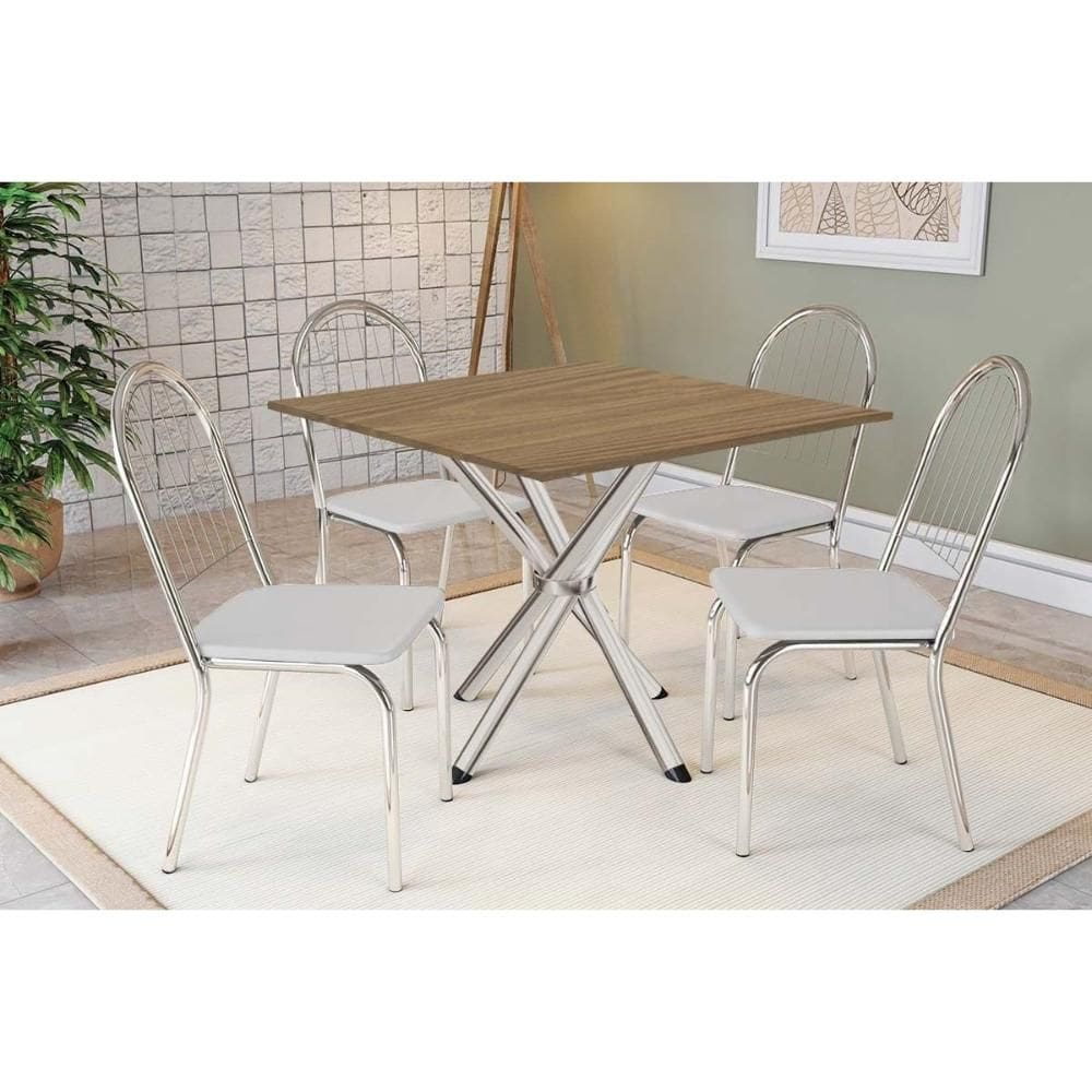 Conjunto: Mesa de Cozinha Volga c/ Tampo de Madeira 90cm e 4 Cadeiras Noruega Cromado/Nogueira - Branco - Kappesberg