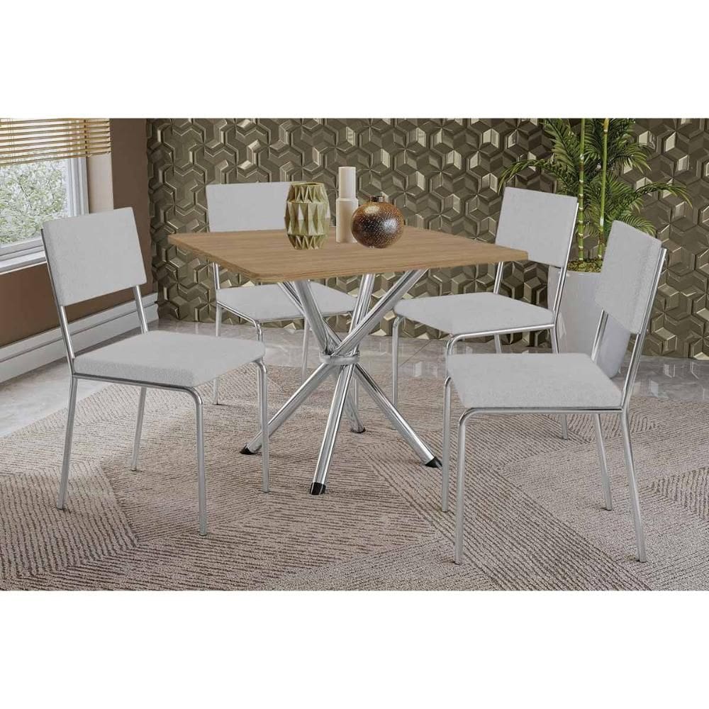 Conjunto: Mesa de Cozinha Volga c/ Tampo de Madeira 90cm e 4 Cadeiras Zaria Cromada/Nogueira - Boucle Cinza - Kappesberg