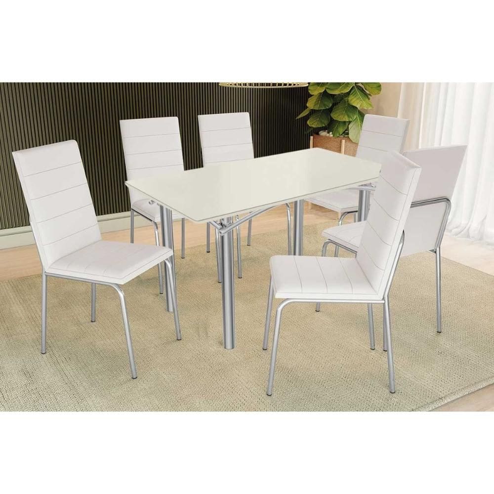 Conjunto: Mesa Sala Jantar Elba Tampo Madeirado c/ Vidro 160cm e 6 Cadeiras Amsterdã Cromada/Off White - Courano Branco - Kappesberg
