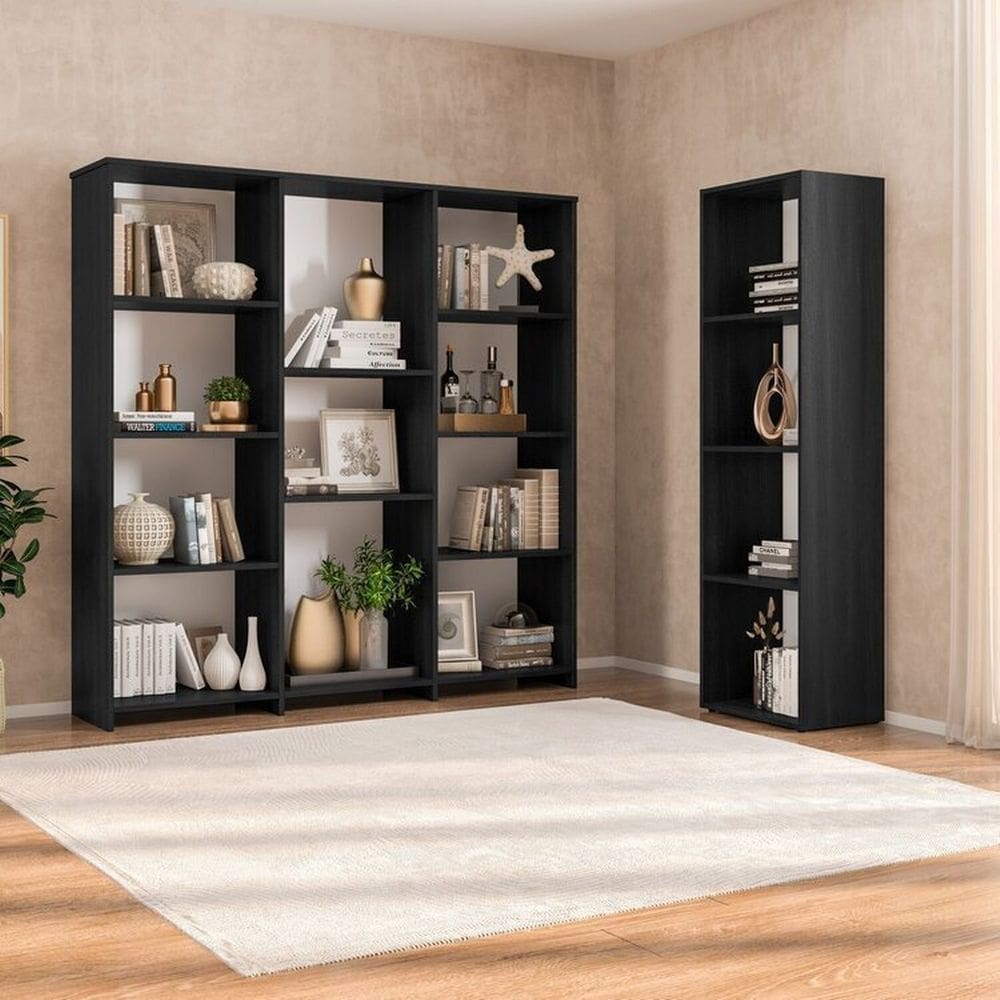 Kit com 1 Estante Livreiro 11 Nichos Odelia e 1 Estante Modular 4 Nichos Calum Preto