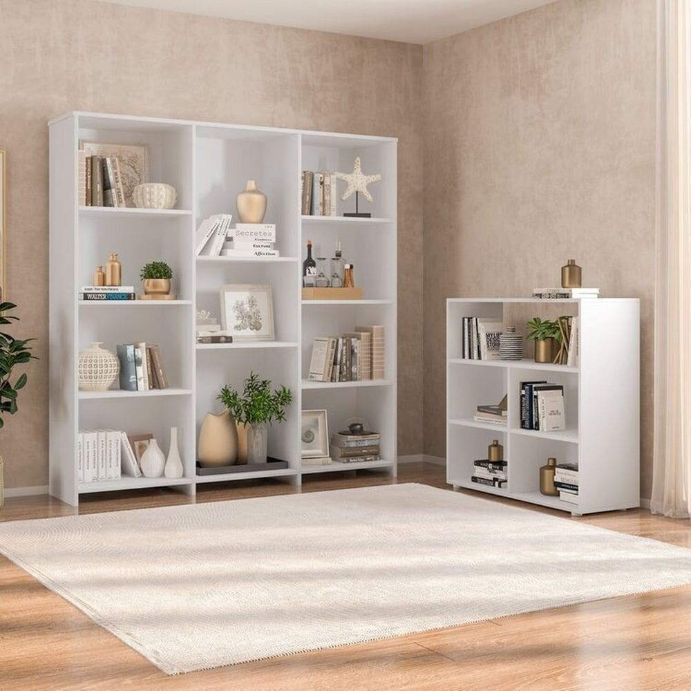 Kit 1 Estante Livreiro 11 Nichos Odelia e 1 Estante Multiuso 5 Nichos Cairo Branco