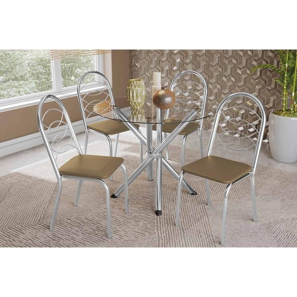 Conjunto: Mesa Sala Jantar Volga c/ Tampo de Vidro 95cm e 4 Cadeiras Holanda Cromada - Courano Capuccino - Kappesberg