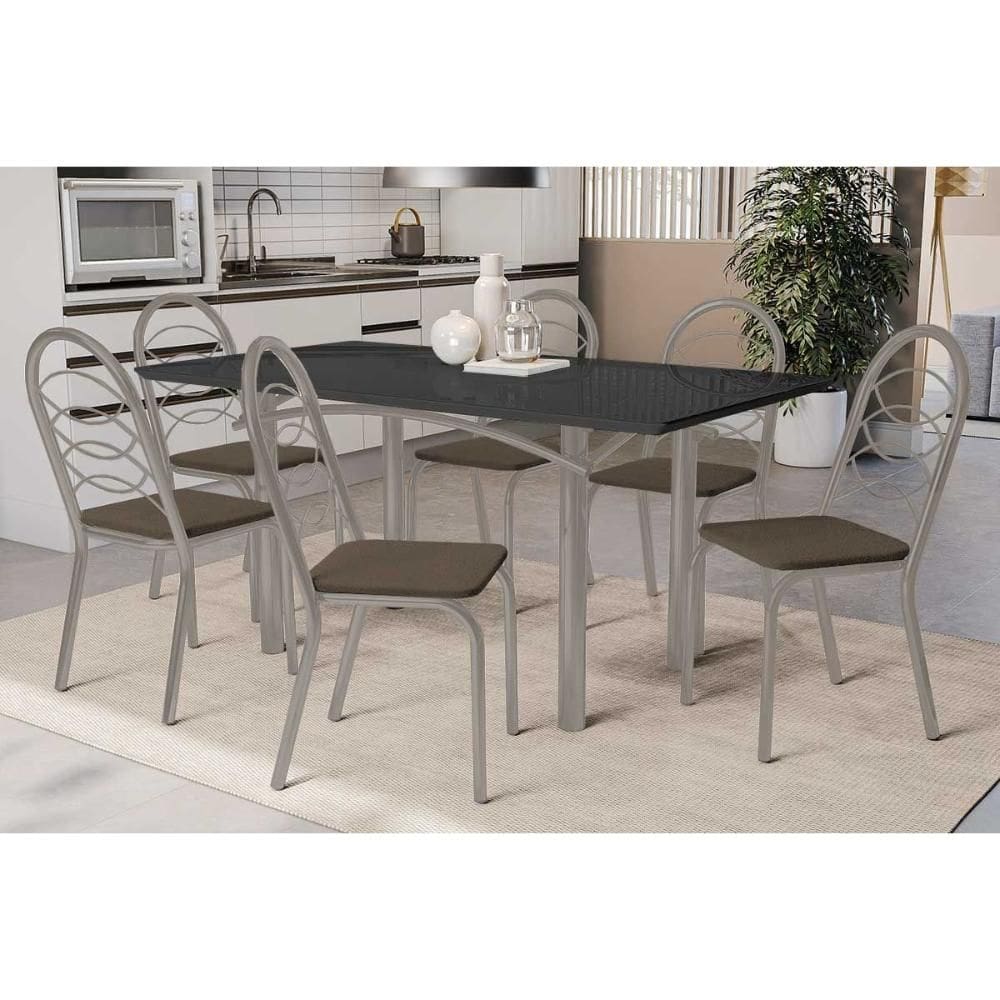 Conjunto: Mesa Sala Jantar Elba Tampo Madeirado c/ Vidro 160cm e 6 Cadeiras Holanda Niquel/Preto - Courano Marrom - Kappesberg