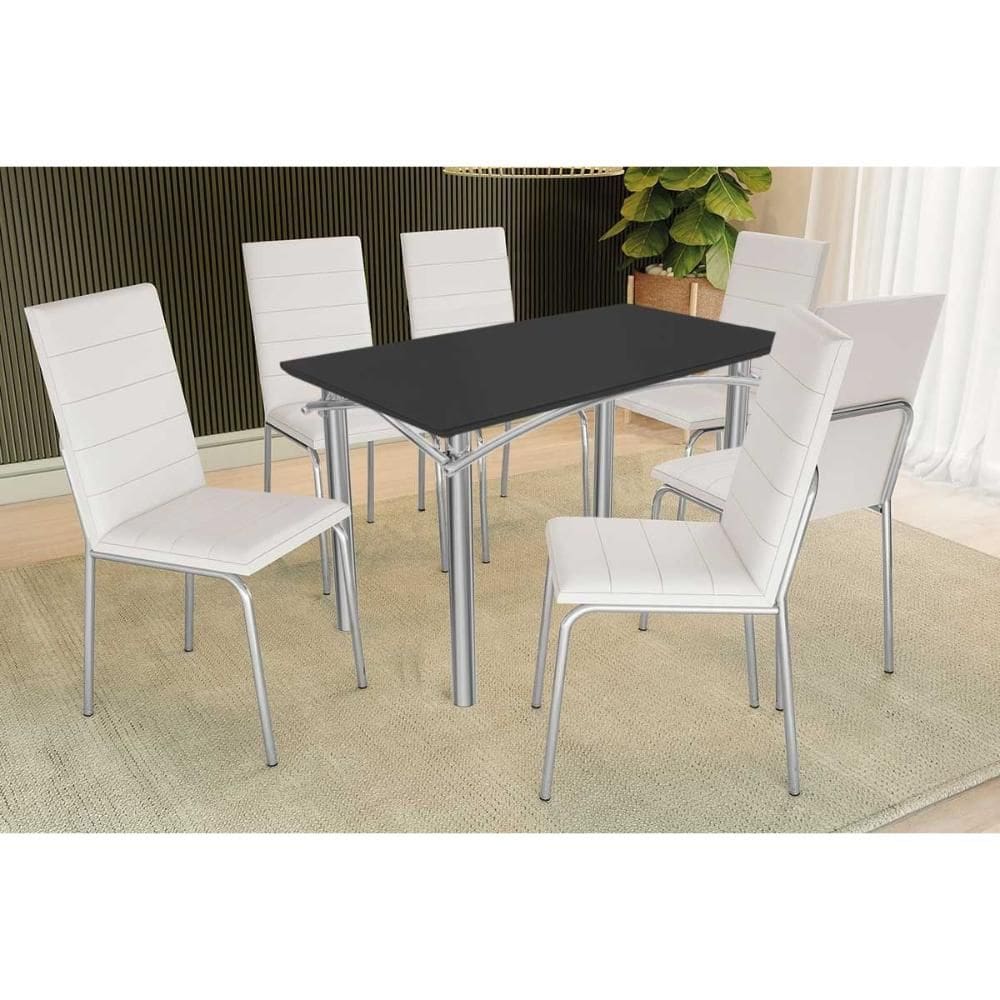 Conjunto: Mesa Sala Jantar Elba Tampo Madeirado c/ Vidro 120cm e 6 Cadeiras Amsterdã Cromada/Preto - Courano Branco - Kappesberg