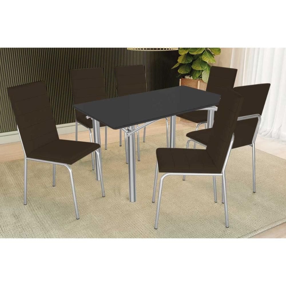 Conjunto: Mesa Sala Jantar Elba Tampo Madeirado c/ Vidro 160cm e 6 Cadeiras Amsterdã Cromada/Preto - Courano Marrom - Kappesberg