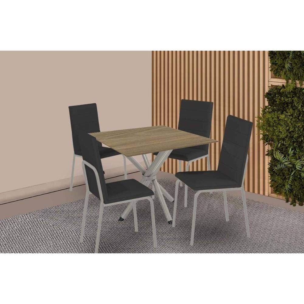 Conjunto: Mesa de Cozinha Volga c/ Tampo de Madeira 90cm e 4 Cadeiras Amsterdã Niquel - Preto - Kappesberg